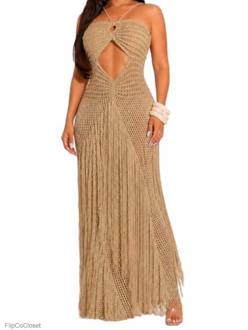 Womens Crochet Swimsuit Cover Up Maxi Dress Fringe Cutout